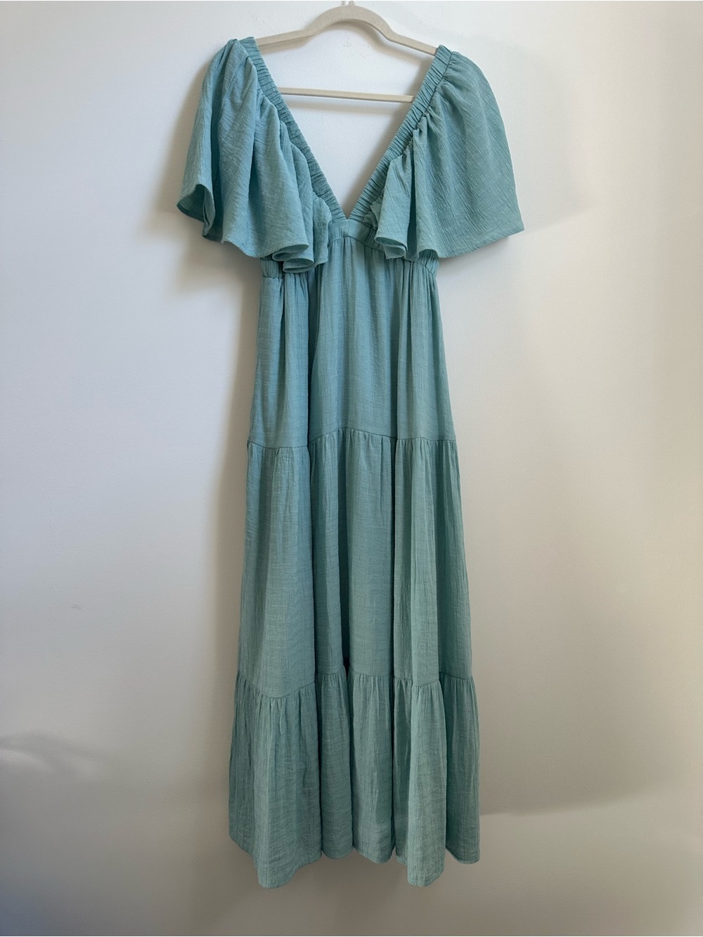 Lalavon Sage Green Tiered Midi Dress Flutter Sleeve Cottagecore Size S